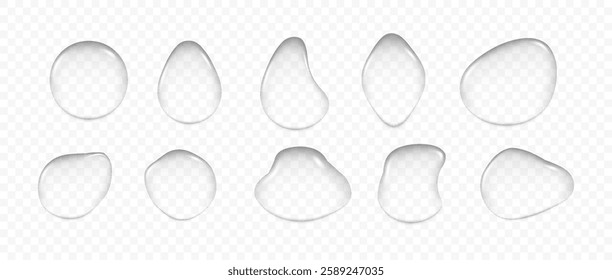 Transparent drops set isolated. Realistic wet condensation texture. Liquid spreading droplet shapes.