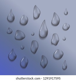 Transparent drops of water on a gray background. Dripping raindrops