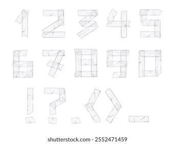 Transparentes Band Nummern Schriftdesign auf weißem Hintergrund. Zusammengekrusteter Satz von Nummern von Klebstoff transparentes Band. 3d realistische zerknitterte Scotch Patches, Typografie Stempel Brief Vektor