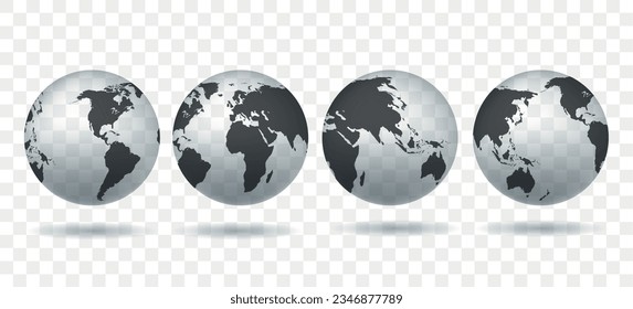 Transparent earth globes 3d set. Realistic world map globe shape, web geography cartography continents parts mainlands isolated on background vectorized illustration