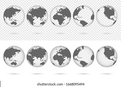 Transparent Earth globes from different sides with shadow. World map globe symbols set isolated on transparent and white background. Vector illustration.