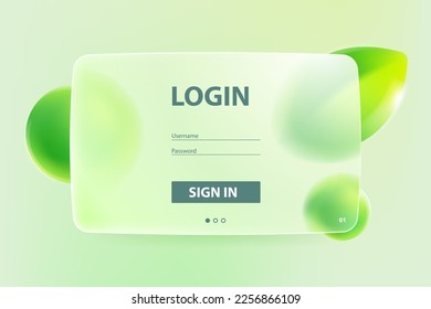 Transparent eco friendly login form in glassmorphism style. Frosted matte glass screen with blurred floating green leaves and spheres. Vector background for nature app, summer banner, organic design.