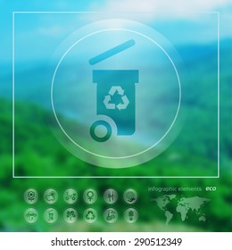 Transparent ecology  icon on the blurred photo background. Trash box.  Vector illustration