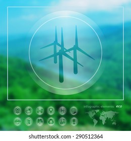 Transparent ecology  icon on the blurred photo background.Wind generator. Vector illustration
