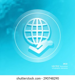 Transparent ecology  icon on the blurred  background. Globe and hand. Vector illustration