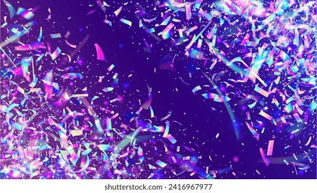 Transparent Effect. Disco Colourful Illustration. Falling Poster. Glare Texture. Blue Laser Burst. Holographic Tinsel. Modern Ribbon. Carnival Glitter. Purple Transparent Effect