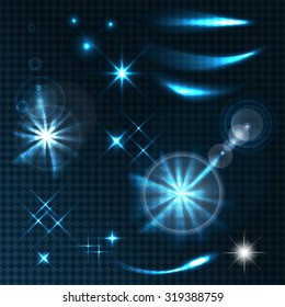  Transparent effects. Lens flares star lights and  glowing stars, lights and sparkles on the transparent  background. Vector illustration.
