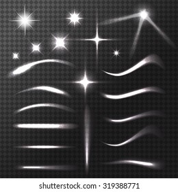  Transparent effects. Lens flares star lights and  glowing stars, lights and sparkles on the transparent  background. Vector illustration.