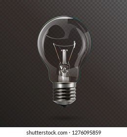 Transparent electric light bulb with a silver base. Realistic style. Isolated background. Object for infographics, presentations, web design, poster, banner.