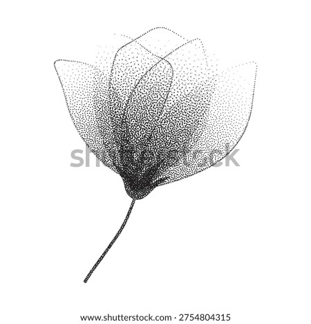 Transparent elegant flower in pointillism stipple effect.Gentle floral bud with subtle spray texture.Fragile rose flower with dainty aesthetic for minimal prints,posters,branding,invitations.