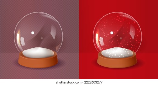 Transparent empty Glass snow globe Christmas decorative design.    3D Realistic Globe glass sphere on a stand. Vector christmas object for greeting card or design. 