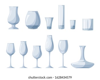 Transparent empty glassware accessories for wine, beer, martini, champagne degustation set. Glasses and stemware, drinks tumbler, mug, cups, reservoir, vessel, decanter Vector utensil illustration