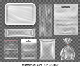 Transparent empty plastic food packaging set, snack production mockup. Realistic vector illustration isolated on transparent background