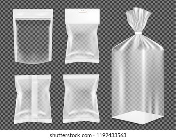 Transparent empty plastic packaging. Blank foil sachet for food and gift.
