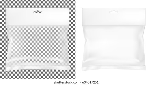 Transparent empty plastic packaging. Blank sachet with hang slot.