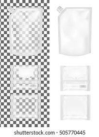 Transparent empty plastic packaging with cap and package with flap for snacks, food, chips, cheese and spices.