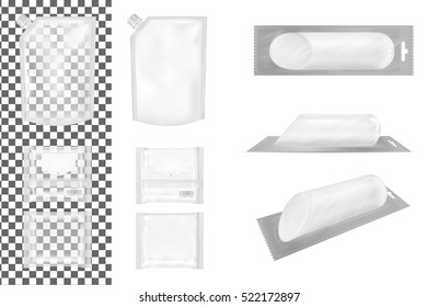 Transparent empty plastic packaging with cap and package with flap for snacks, food, chips, cheese and spices. 