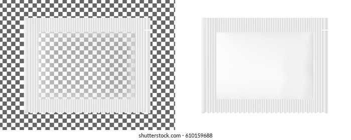 Transparent empty plastic packaging. Foil or paper sachet for food or medicines