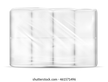 Transparent empty plastic packaging with toilet paper.