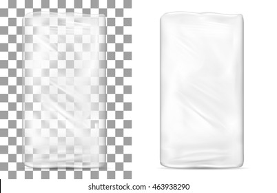 Transparent empty plastic packaging for toilet paper, soap and cosmetics.