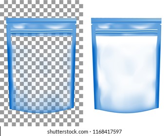 Transparent empty plastic packaging with zipper. Blank foil sachet for food.