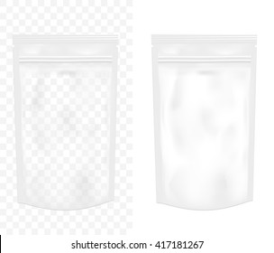 Transparent empty plastic packaging with zipper. Blank foil or plastic sachet for food or drink.