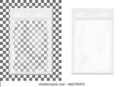 Transparent empty plastic packaging with zipper. Blank foil sachet for food or drink.