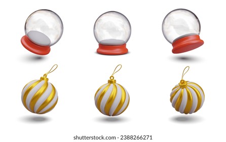 Transparente leere Schneegloben und Weihnachtsbaumbälle mit goldenen Streifen. Satz von Vektorobjekten in verschiedenen Winkeln. Realistische Illustrationen mit Schatten. Mockups für Winterdesign
