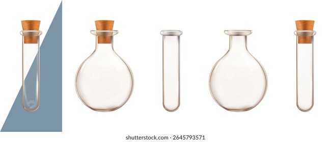 Transparent empty test tube, water bottle for chemical analysis. 3d lab flask with plug cork, chemistry laboratory isolated equipment. Pure or dirty water biologic disease research. Medical glassware
