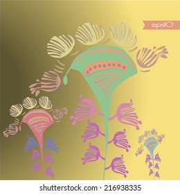 Transparent fantastic plants with colored pale buds and leaves on a gradient yellow background.