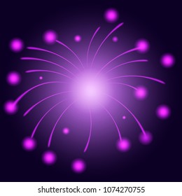 Transparent festive color purple firework with violet stars shaped glares on violet background, up the sky with dazzling display, used on 4th July and New Year celebration, vector illustration