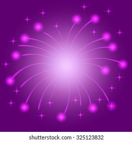 Transparent festive color purple firework with violet stars shaped glares on violet background, up the sky with dazzling display, used on 4th July and New Year celebration, vector illustration