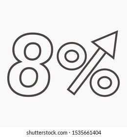 The transparent figure is 8 percent increase. Price increase icon. Sales. Profit growth. Increase revolutions. The increase in interest in the bank. Quality improvement. Icon of internet shops. Vector