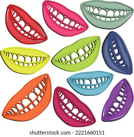 Transparent file. Braces and Retainers concept. Poster art. Pop art. Cool and spooky print. Teeth and wide smile. Lively bright and colorful. Glossy lips clip art. Paper cut art. Glamorous. abstract.