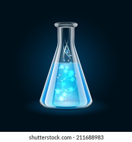 Transparent flask with magic blue liquid on black background.   Vector illustration