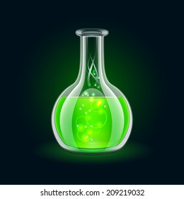 Transparent flask with magic green liquid on black background.   Vector illustration