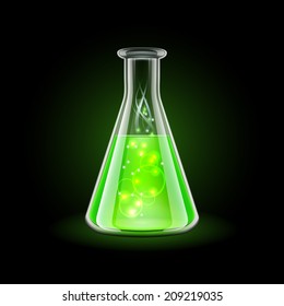 Transparent flask with magic green liquid on black background.   Vector illustration