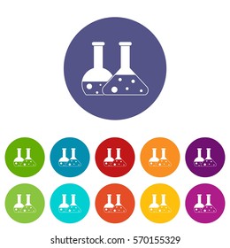 Transparent flasks set icons in different colors isolated on white background