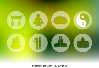 Transparent flat style of yoga icons on blurred green background