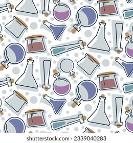transparent flat test tubes, flasks, containers, pattern on a white background, vector graphics, chemistry