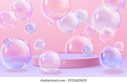 Transparent floating bubbles surrounding pink circular podium on pastel background. Realistic 3d platform with spheres with purple tinted reflections for product display or cosmetic advertising.