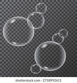 transparent floating soap bubbles, realistic shiny air spheres, magical bubbles, and abstract air elements.
