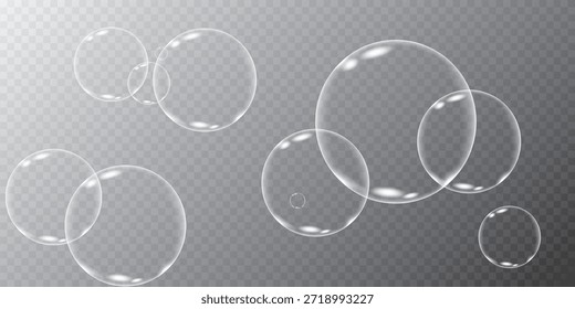 transparente, schwimmende Seifenblasen, realistische, glänzende Luftkugeln, magische Blasen und abstrakte Luftelemente.

