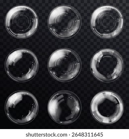 Transparent floating soap bubbles with soft glow and glassy surface. Use in product mockups, clean design, air icons, skincare templates or playful cartoon scenes.