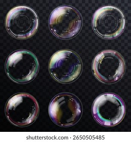 Transparent floating soap bubbles with soft glow and glassy surface. Use in product mockups, clean design, air icons, skincare templates or playful cartoon scenes.