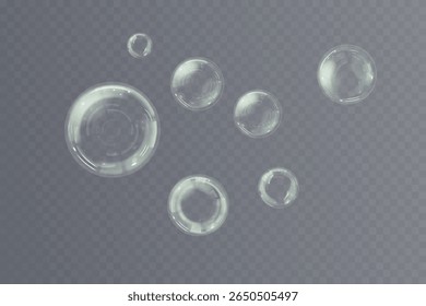 Transparent floating soap bubbles with soft glow and glassy surface. Use in product mockups, clean design, air icons, skincare templates or playful cartoon scenes.