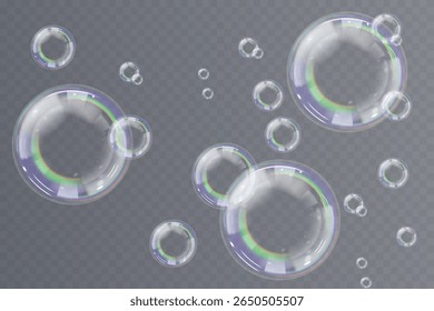 Transparent floating soap bubbles with soft glow and glassy surface. Use in product mockups, clean design, air icons, skincare templates or playful cartoon scenes.