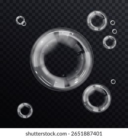 Transparent floating soap bubbles with soft glow and glassy surface. Use in product mockups, clean design, air icons, skincare templates or playful cartoon scenes.
