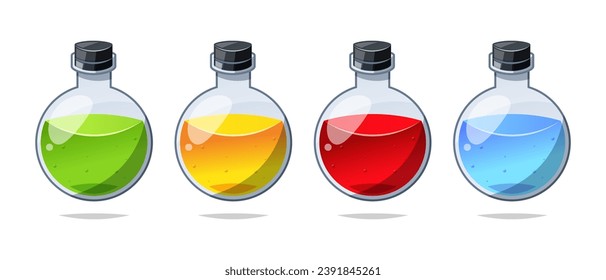 Transparent florence flask with liquid. Chemistry glassware vector isolated.