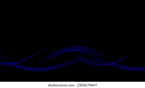 Transparent flowing abstract shiny blue wave design element on black background.